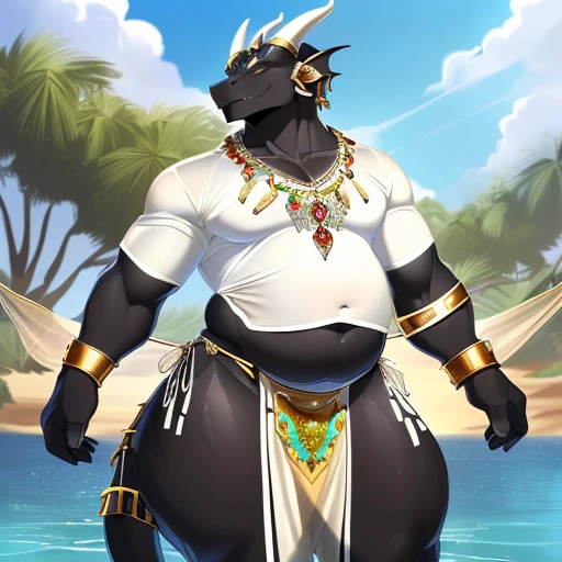 hi res,(((dragon))), ((( black body))), anthro, , , ((((long loincloth)))), ((((lingerie bikini, s\ex\y bikini, side-tie panties, tiny black thong)))), (((( male, muscular male, anthro, slim, skinny, )))), male, , anthro, , slim, Skinny, tail, adults, mature, (((male))), (((((((((solo))))))))) outside, plant, standing, sea, tree, (water), detailed background,by milkytiger1145,by takemoto arashi,by null-ghost, cold atmosphere, open smile, soft blush, , ((((((((wearing white tshirts)))))))), (((((((((muscular thighs, thick thighs, wide hips))))))))), (((((golden accessory, loincloth accessory, loincloth jewelry, jewels and ornaments for loincloth, s\ex\y loincloth, belly dancer outfit, long pelvic curtain, narrow loincloth)))))