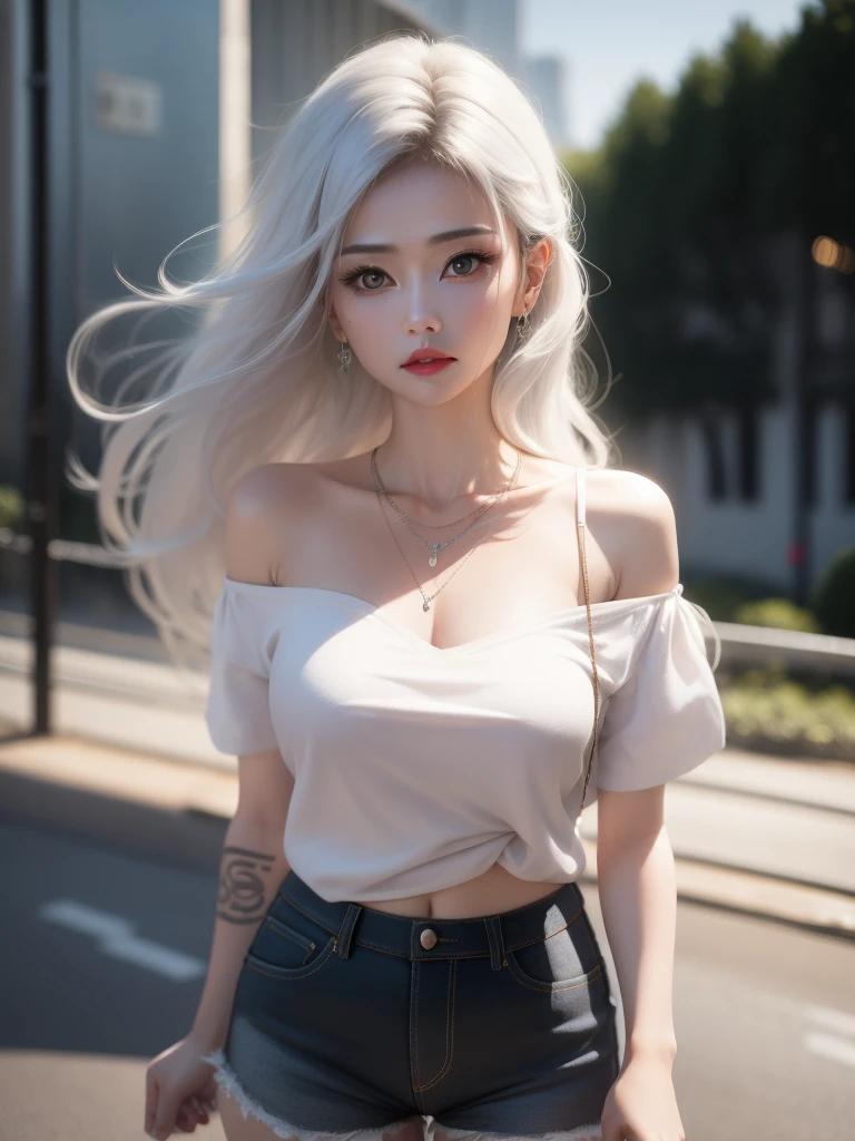 (NSTDA.), ((Realistic, photorealistic portrait)), ((towel around neck)), 1girls, Nude, bare body, bare arms, Bare shoulders, breasts, navel, ((White Gold)), upper bpdy, long-haired, (masterpiece, bestquality, High Quality),(colorfully),(Sensitive eyes and face), Primatic lighting, ray tracing, Chest Shot ,extremely detailed cg unity 8k wallpaper,bara((Flying petals)),(Flower Meadow) sky, blue sky, sunny, light, fantasy, high wind, magic sparks, White Hair, outdoor, city scape