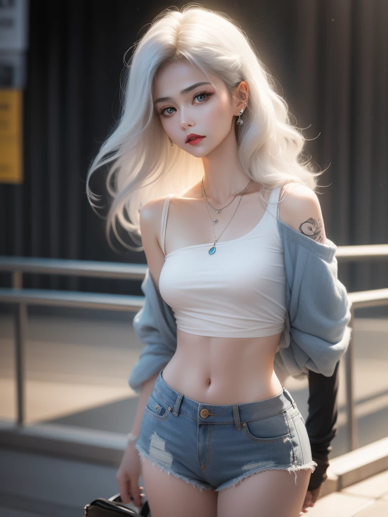 number, urban beautiful girl college students, Masterpiece, Light makeup, red lips, silver hair, long messy hair, road background, beautiful, elegant. Very detailed details, Original work, Real texture, Realism of cinematic lighting, perfect job, 8k, high resolution, exquisite face, Tight white off-the-shoulder shirt, Clear white tight shorts, Slim shape, big bright eyes, Smooth skin, earring, necklace, tattoo