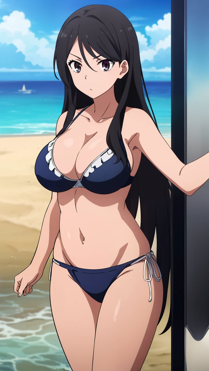 highest quality, 8K resolution, anime screen capture, anime color, anime key visual, one girl, cute, long black hair, 18 years old, big breasts, (swimwear, beach:1.3), perfect anatomy, beautifully intricate face, intricately detailed eyes, beautiful fine hair, beautifully intricate body, beautiful contour, vivid colors, vibrant lighting
