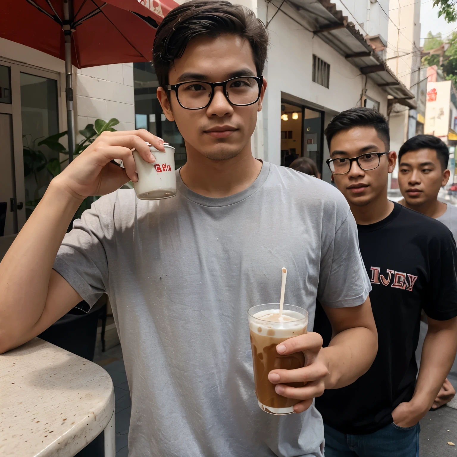 The guy is about 21 years old, has an elongated face, wears glasses, wears a t-shirt inside and a shirt outside, and is of Vietnamese origin. He asked his friend to take the photo for him while drinking milk tea.