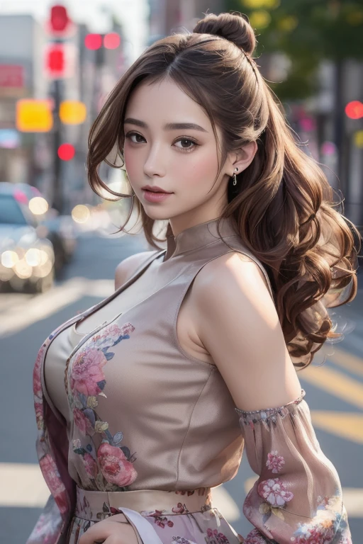(masterpiece, highest quality, highest quality), ((A mix of vibrant colors and European patterns)),(((colorfulなナイロンスタジアムジャンバー))), See-through sleeveless blouse,Silk wide pants,beautifully,mysterious:1.2, (One girl:1.3), Very detailed,(Fractal Art:1.1),(colorful:1.1)(Floral Outfit:1.3), Mature Woman,(Light brown curly hair buns),Long Bangs, A kind smile, (Mouth closed), (highest qualityのmasterpiece:1.2) Delicate illustrations, Most detailed,Full body portrait, (Street Background:1.3), (Shiny skin), (Many colors:1.4), ,(Earrings),