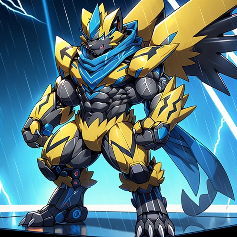 (masterpiece, best quality, detailed:1.2)
(Pokémon)
detailed full body,
Zeraora's giant robot.
Gigantic ZERAORA,
GIANT.
Protecting Zeraora's design and color scheme. scarf, A Zeraora at the bodybuilding competition, thunderstorm, rainy weather, lightning
wears a black cloak on his back.
It has wings.
whole body shines like metal.
Wearing cyberpunk mecha, emphasizes the muscles.
He wears the same armor as himself from head to foot. (emphasizes the muscles.)
suit fully e of metal,
intricate armor, Robotic suit, suit fully madf metal, cyborg,

big muscle.
pecs, triceps,
body full of huge muscles.
unusually developed muscular body,
A Zeraora at the bodybuilding competition,
massive,
huge muscular bodybuilder with extraordinary biceps, pecs, triceps, traps,achad, 300 lbs.

The claws are sharp, Sharp teeth,
with huge golden laser sword, It's big inside my panties