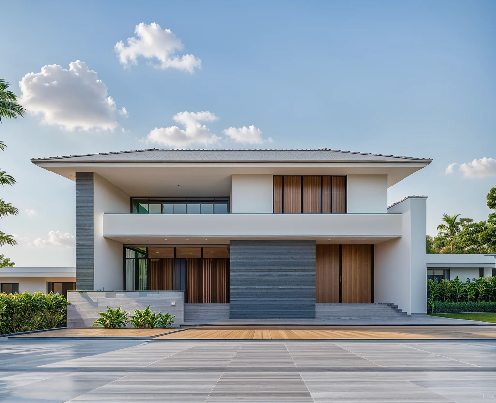 1 main wood door, slope roof, many glass door, concrete, wood wall,white, modern villa, palm, plant, beautiful sky, wood facade, architecture, beautiful, masterpiece, best quality, super detailed, realistic, photorealistic, 8k, sharp focus, droste effect photography, macro photography