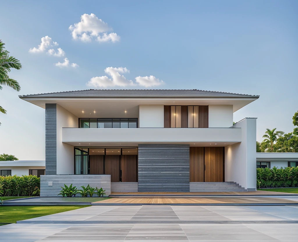1 main wood door, slope roof, many glass door, concrete, wood wall,white, modern villa, palm, plant, beautiful sky, wood facade, architecture, beautiful, masterpiece, best quality, super detailed, realistic, photorealistic, 8k, sharp focus, droste effect photography, macro photography