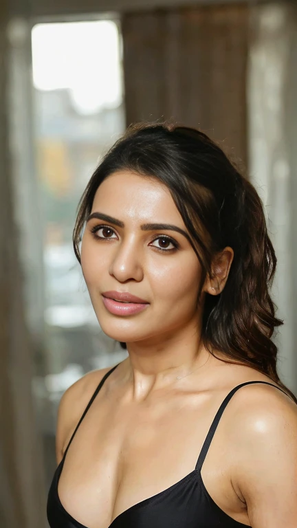 Top down view, A photograph of beautiful samantha ruth prabhu showing her half body, messy long free black hair, sunlight, ((lingerie)),clear forehead, capturing a home-made photo from bedroom,biting her lips sexily, looking up into camera, She looks into the camera with black pupil eyes, Background is a messy middle class bedroom,half body seen, realistic, Soft, cool light filter, casting a golden glow on her face, average size,((clear forehead)), ((untoned abs)), half body, tongue out
Camera Settings:
Type of Photography: Selfie, Gear: Samsung Galaxy S21, Settings: f/11, ISO 100, 1/50 sec.
