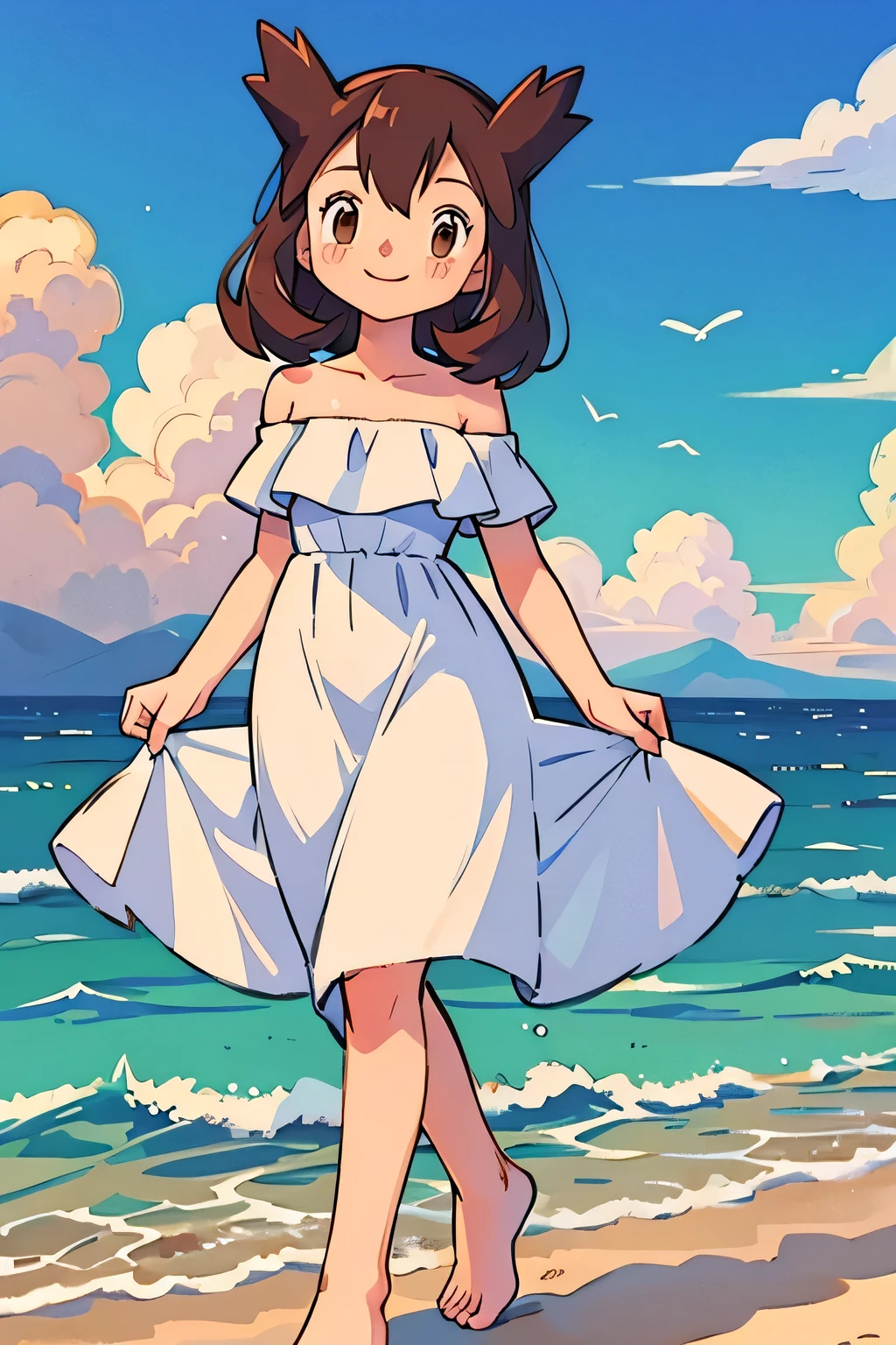 1 girl, solo, Pokemon Heroes (Bianca), Brown Hair, brown eyes, bare shoulders, strapless, off shoulders, white ruffle off the shoulder maxi dress, smile, walking in bare feet, ocean, blue skies, clouds, cowboy shot, facing viewer,, absurdres, ultra detailed, masterpiece, best quality, age