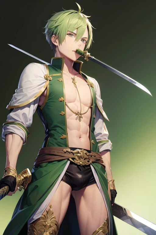 A swordsman holding two swords, one of which he holds in his mouth,Shaved green-haired