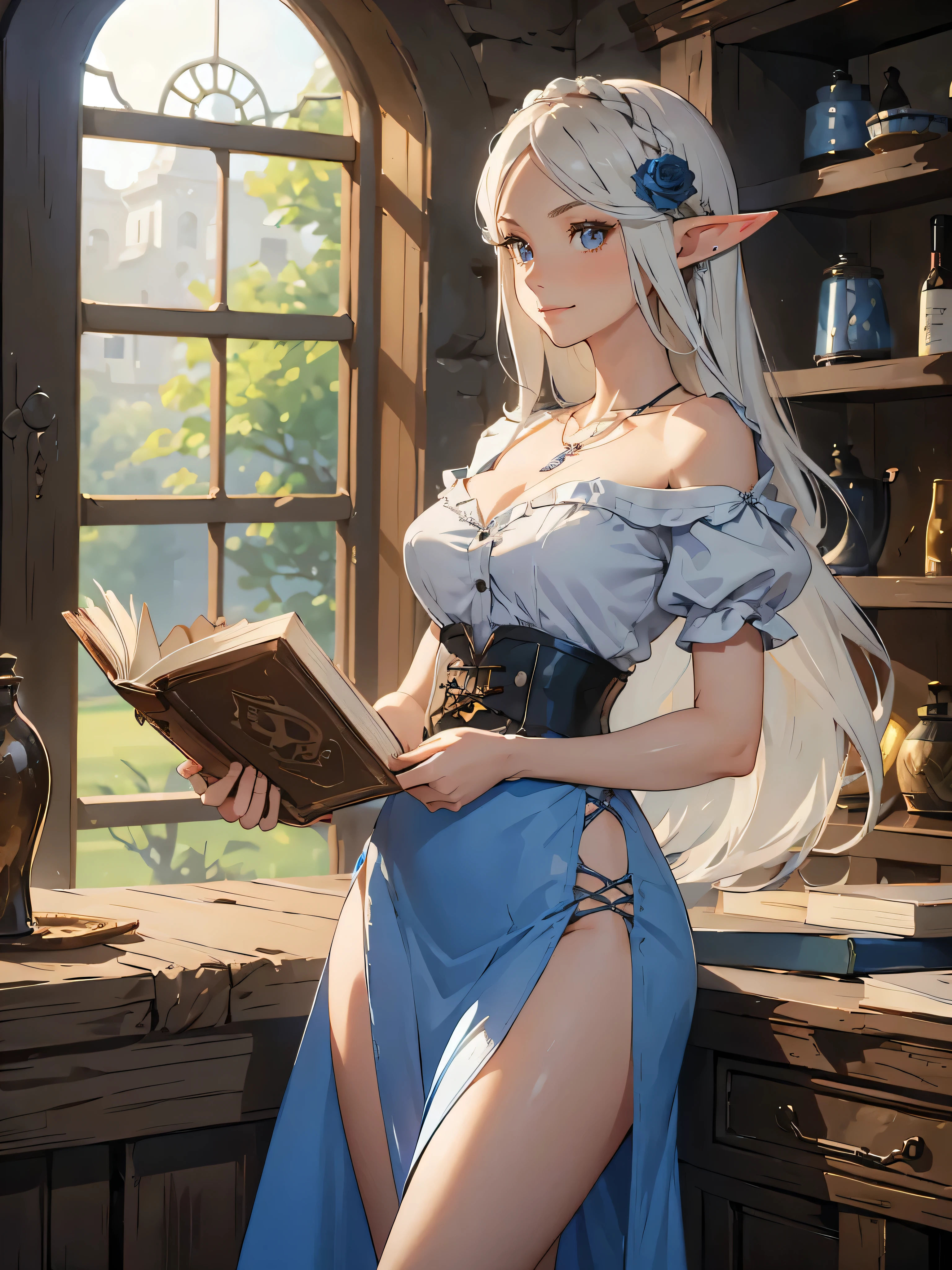 masterpiece, high quality, 1_woman, (upper body), mature, tall, beautiful, exotic, long elf ears, platinum blonde long hair, gray colored eyes, dark eyeliner, looking at the viewer, (nurturing smile), ((holding brown book)), medium_bust, cleavage, (thigh_gap), puffy shirt, white blouse, (((short sleeves))), bare_shoulders, dark blue high waist underbust dress, tall boots with laces, four buttons at waist, hair ornament, (blue rose in hair), flounce hemline, long skirt with slit, wearing (necklace with silver ring on it), rustic tavern,