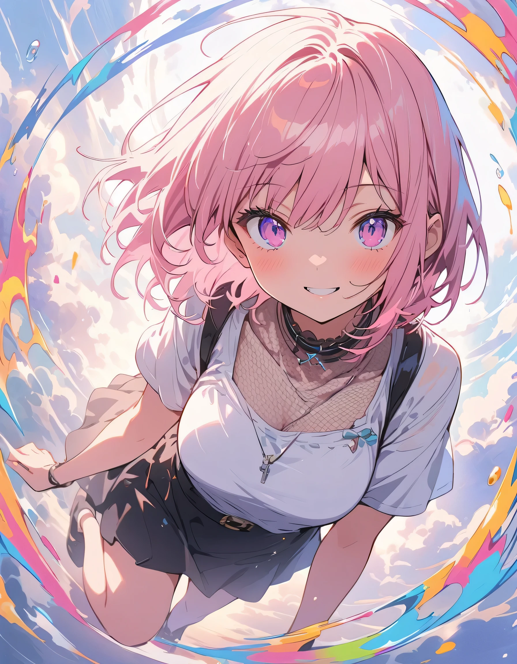 (highest quality、masterpiece、High resolution、detailed)、Anime Style、Flat Style、(Shine eyes、Beautiful Face), BREAK,1 girl、(Short Bob Hair、Dark pink hair、Light blue inner color:1.4、mesh:1.2)、Casual Coordination、floating, (High saturation), (Colorful Splash), Colorful bubbles, (Shine), Focus on the face,extremely detailed、floating, (High saturation),(The Shining), Best lighting, Best Shadow、Peck finger, ((masterpiece)), highest quality, One girl, eye shadow, Full Body,Dynamic Angle、 Portraiture,