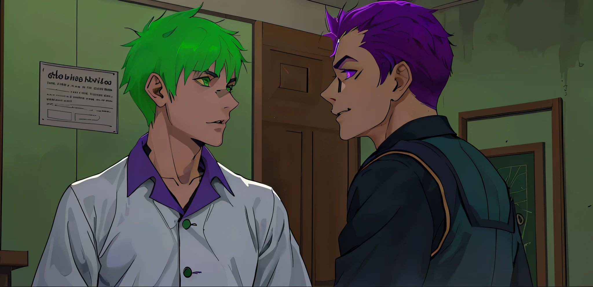 There is a -yeld boith green hair, green eyes, and a man with short purple evil hair who threatens him. He intimidates him. He looks evil and smiles evilly.