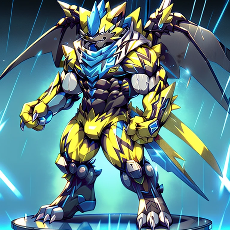 (masterpiece, best quality, detailed:1.2)
(Pokémon)
detailed full body,
Zeraora's giant robot.
Gigantic ZERAORA,
GIANT.
Protecting Zeraora's design and color scheme. scarf, A Zeraora at the bodybuilding competition, thunderstorm, rainy weather, lightning
wears a black cloak on his back.
It has wings.
whole body shines like metal.
Wearing cyberpunk mecha, emphasizes the muscles.
He wears the same armor as himself from head to foot. (emphasizes the muscles.)
suit fully made of metal,
intricate armor, Robotic suit, suit fully made of metal, cyborg,
big muscle.
pecs, triceps,
body full of huge muscles.
unusually developed muscular body,
A Zeraora at the bodybuilding competition,
massive,
huge muscular bodybuilder with extraordinary biceps, pecs, triceps, traps, gigachad, 300 lbs.
The claws are sharp, Sharp teeth,
with huge golden laser sword, It's big inside my panties