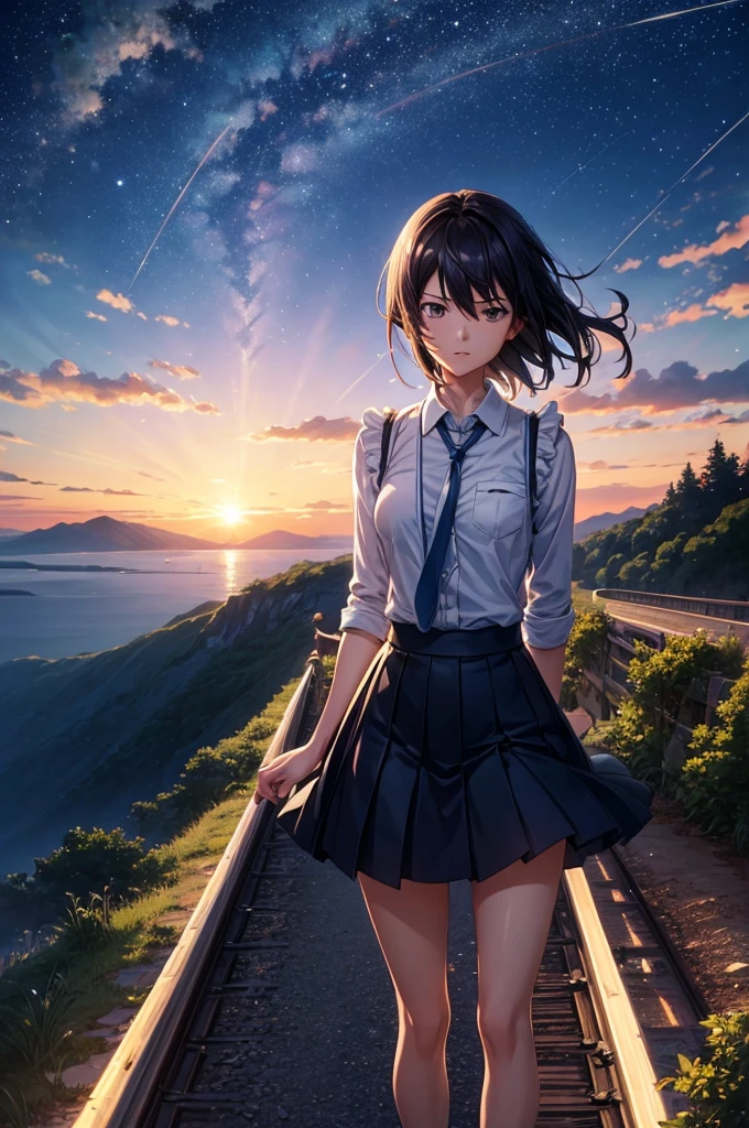 High-quality masterpieces, landscape, cloud, Cartoon train passing a body of water on the tracks in the distance, Bright starry sky. tourists, romantic lighting, PIXIV, concept art, Lofi art style, reflection. Shinkai Makoto, Luo Fei Art, Beautiful anime scene, Anime Landscape, 詳細landscape — 寬度 672, Shinkai Makoto's style, Shinkai Makoto's style, Enhance details.  