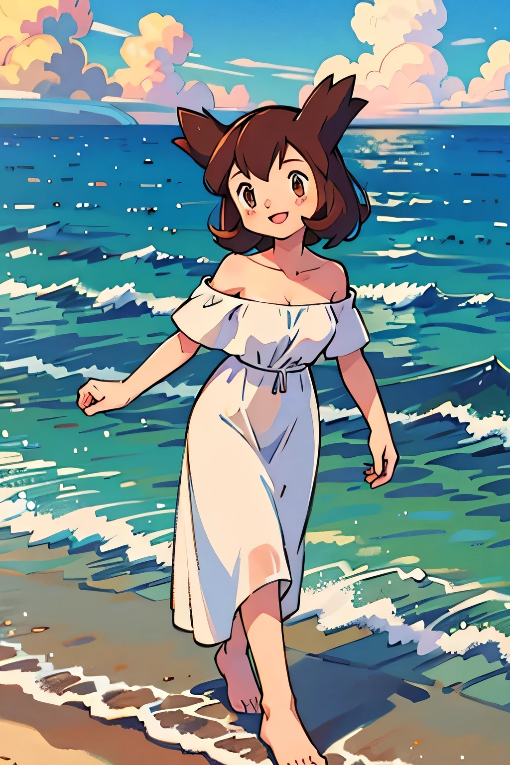 1 girl, solo, Pokemon Heroes (Bianca), Brown Hair, brown eyes, bare shoulders, strapless, off shoulders, white ruffle off the shoulder maxi dress, smile, walking in bare feet, ocean, blue skies, clouds, cowboy shot, facing viewer,, absurdres, ultra detailed, masterpiece, best quality, Teenage