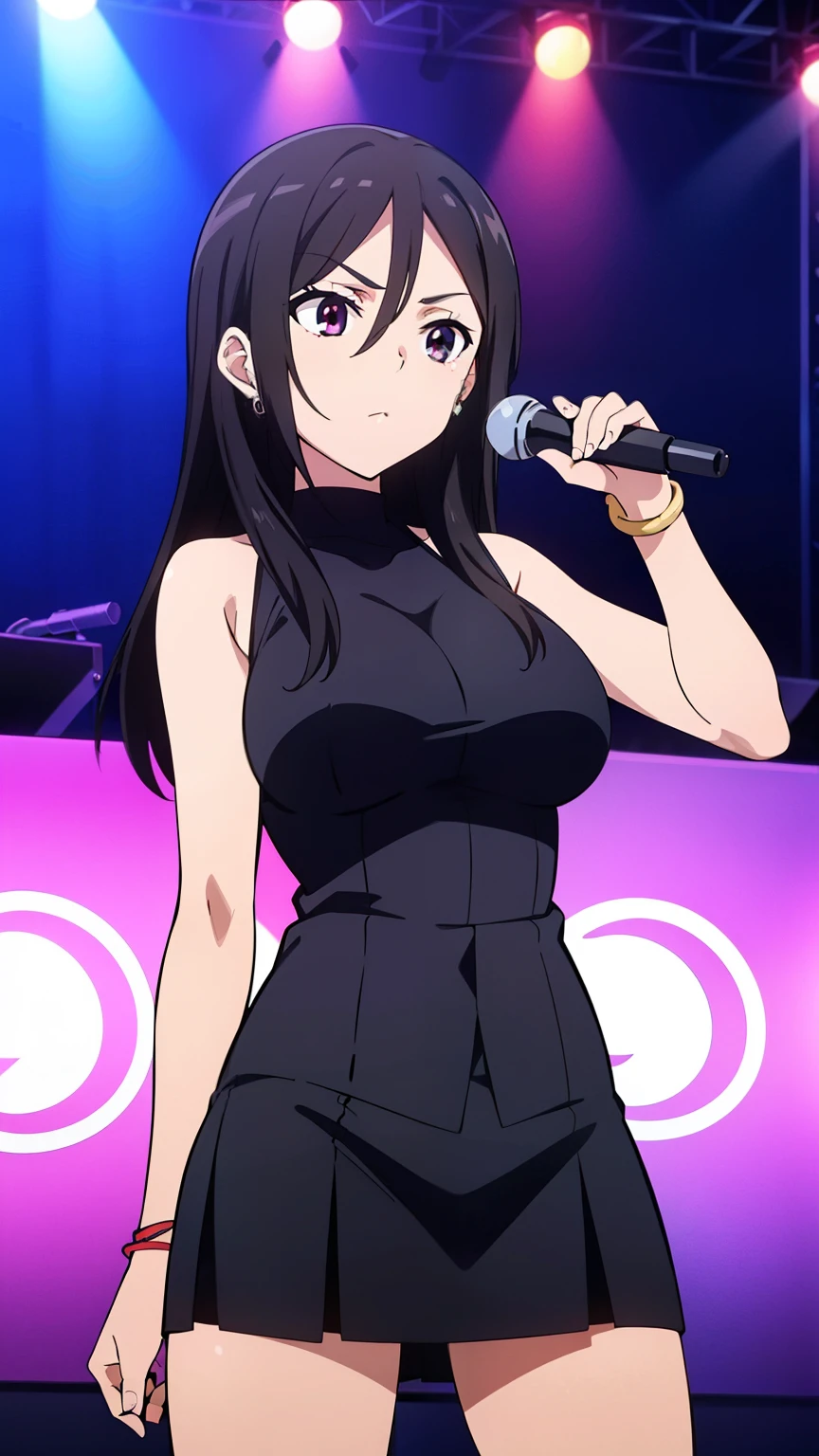 highest quality, 8K resolution, anime screen capture, anime color, anime key visual, one girl, cute, long black hair, 18 years old, big breasts, (rock costume, miniskirt, earrings, wrist accessory, rock band stage, cowboy shot:1.3), perfect anatomy, beautifully intricate face, intricately detailed eyes, beautiful fine hair, beautifully intricate body, beautiful contour, vivid colors, vibrant lighting