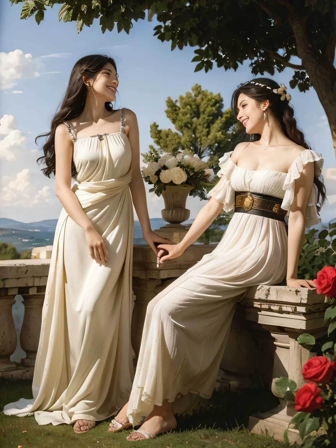 full body portrait or statue、Sandro Botticelli painting style,Arguments of two female Philosophe,math、astronomical machine、astronaut、roses in vase、fruits、Cute trinkets、smile、ancient greek costume、Ancient Roman landscape in the style of Nicolas Poussin,laughter,,Sweet and seductive appearance.、Caravaggio's paintings、Chiaroscuro of Caravaggio、hair tousled by the wind,Two women frolicking,cute smile, expression of ecstasy,Sexy,erotic