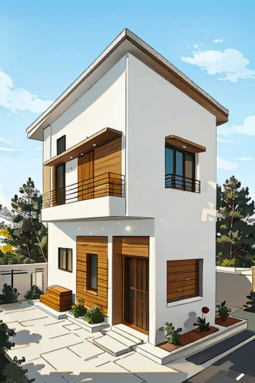 two storey minimalist house with white and wood design 