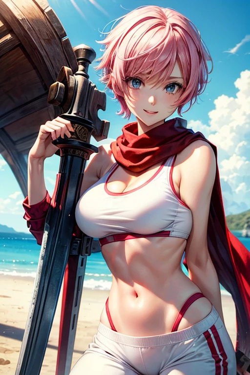 A beautiful woman with short pink hair, a red scarf, a figure, a white sports bra, black pants, holding a red big sword, blue eyes, a cheerful, playful face.
