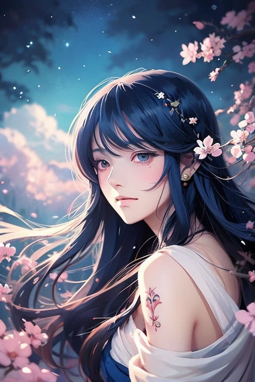 The captivating Japanese anime-style illustrations capture the essence of a woman who embodies the spirit of Princess Mononoke's San. She is a stylish female character with long dark blue straight hair and sparkling, enchanting ruby eyes. Her traditional Ainu red tattoos decorate her cheeks, giving her a mysterious and enigmatic vibe. In the background, a sky covered with clouds and enchanting and fantastical flowers gently blend together, creating a fantastic atmosphere that combines dreams and nature. These captivating illustrations transport the viewer to a fantasy world, sparking the imagination and inspiring awe., anime