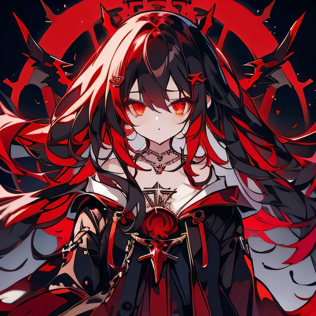 Vampire Girl,Crimson gradient hair,Red Moon,Blood Magic,Gothic,Skyscraper,chain,Gothic Clothing,cross,necklace,ring,black,8k