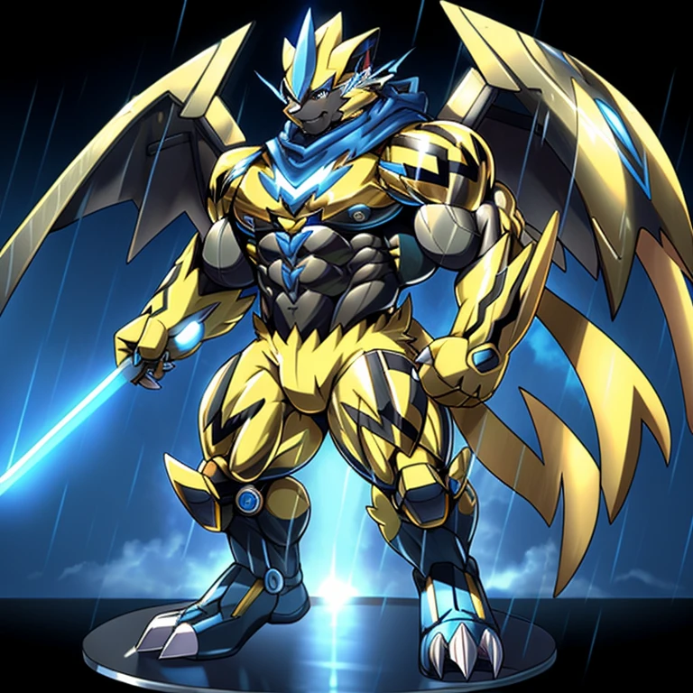 (ZERAORA, 8K), (Zeraora's giant robot, Powered exoskeleton with the same design as Zeraora), (Masterpiece, highres) (Detailed head, Detailed Body, Detailed abs, full body) (gigantic muscles, Gigachad Muscular, big muscle, pecs, triceps, traps, unusually developed muscular body, body full of huge muscles. showing off muscles, pectorales enormes, Exaggeratedly huge muscles.) (nj5furry, The claws are sharp, Sharp teeth, sharp claws), (long legs), (Spread wings, It has wings, have big wings, golden wings), (Wrestling, wrestler, the bodybuilding), (It has wings, whole body shines like metal, Wearing cyberpunk mecha, emphasizes the muscles, suit fully made of metal, intricate armor, Robotic suit, suit fully made of metal, cyborg), (black color hyper penis, hyper black penis),