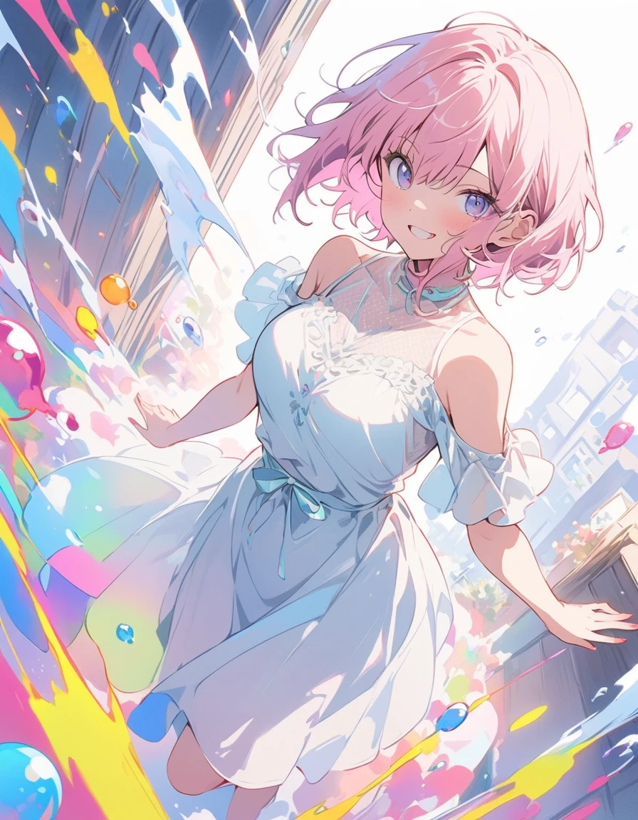 (highest quality、masterpiece、High resolution、detailed)、Anime Style、Flat Style、(Shine目、detailed美しい顔),  BREAK,1 girl、(Short Bob Hair、Dark pink hair、Light blue inner color:1.6、mesh:1.2)、Casual Coordination、floating, (High saturation), (Colorful Splash), Colorful bubbles, (Shine), Focus on the face,extremely detailed、floating, (High saturation),(The Shining), Best lighting, Best Shadow、Peck finger, ((masterpiece)), highest quality, One girl, eye shadow, Full Body,Dynamic Angle、 Portraiture, 