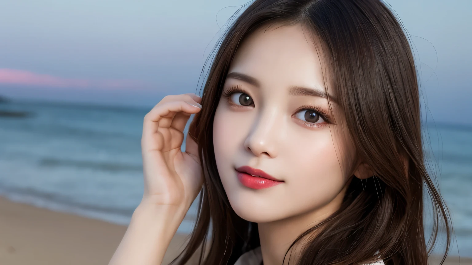 on the table, best quality, shape, Ultra Detailed, Finely, high resolution, 8k wallpaper, 完璧なダイナミックな構shape, Beautiful and delicate eyes, Medium Length Hair, Small Breasts, Natural lipstick, Casual sexy pose,Smile,20 year old girl、at the seaside,Sunrise The sun has just risen,Beautiful and detailed face、Perfect beautiful face,big eyes、original photo、Use the whole body to express the feminine posture、Beautiful and delicate eyes、Small face、Beautiful duplex、Facelift and style,skirt、Beautiful golden ratio face,Long hair