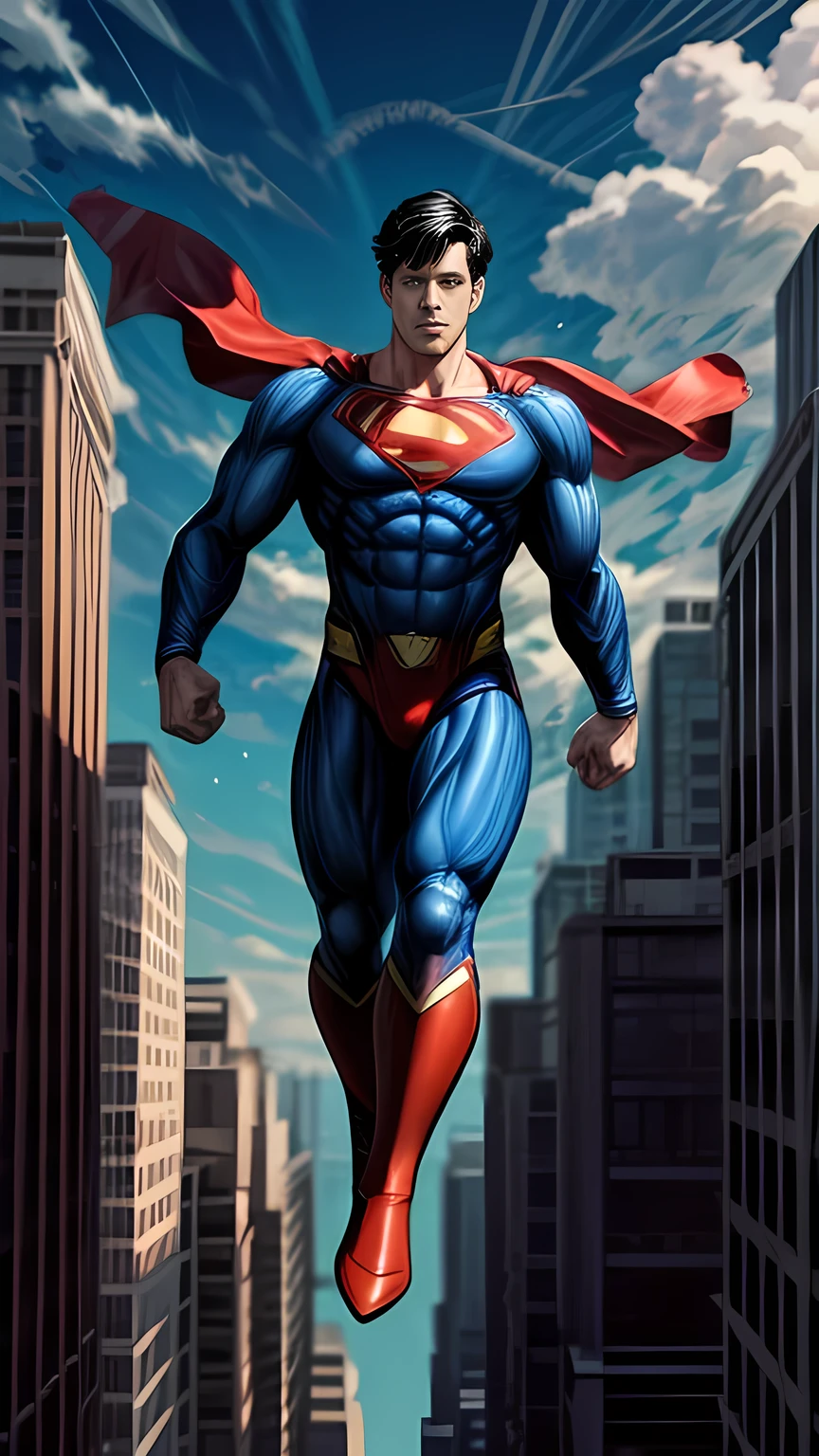 floating superman above buildings, full body shot, detailed foot, detailed head