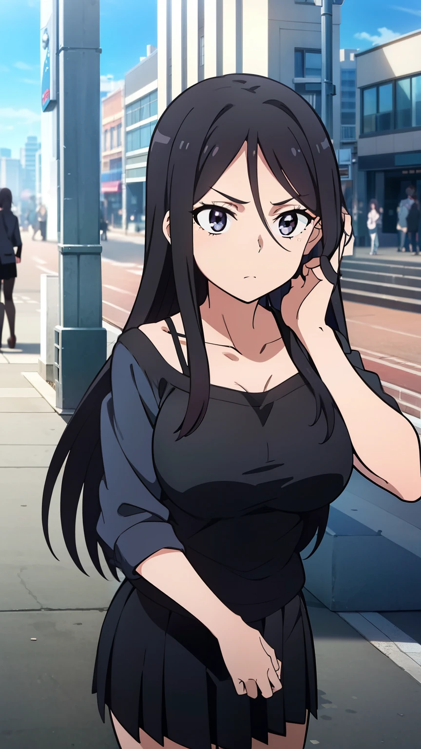 highest quality, 8K resolution, anime screen capture, anime color, anime key visual, one girl, cute, long black hair, 18 years old, big breasts, (Black camisole, black miniskirt, cap, city wall:1.3), perfect anatomy, beautifully intricate face, intricately detailed eyes, beautiful fine hair, beautifully intricate body, beautiful contour, vivid colors, vibrant lighting