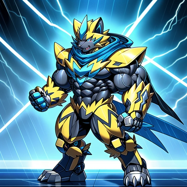 (masterpiece, best quality, detailed:1.2)
(Pokémon)
detailed full body,
Zeraora's giant robot.
Gigantic ZERAORA,
GIANT.
Protecting Zeraora's design and color scheme. scarf, A Zeraora at the bodybuilding competition, thunderstorm, rainy weather, lightning
wears a black cloak on his back.
It has wings.
whole body shines like metal.
Wearing cyberpunk mecha, emphasizes the muscles.
He wears the same armor as himself from head to foot. (emphasizes the muscles.)
suit fully made of metal,
intricate armor, Robotic suit, suit fully made of metal, cyborg,
big muscle.
pecs, triceps,
body full of huge muscles.
unusually developed muscular body,
A Zeraora at the bodybuilding competition,
massive,
huge muscular bodybuilder with extraordinary biceps, pecs, triceps, traps, gigachad, 300 lbs.
The claws are sharp, Sharp teeth,
with huge golden laser sword, It's big inside my panties