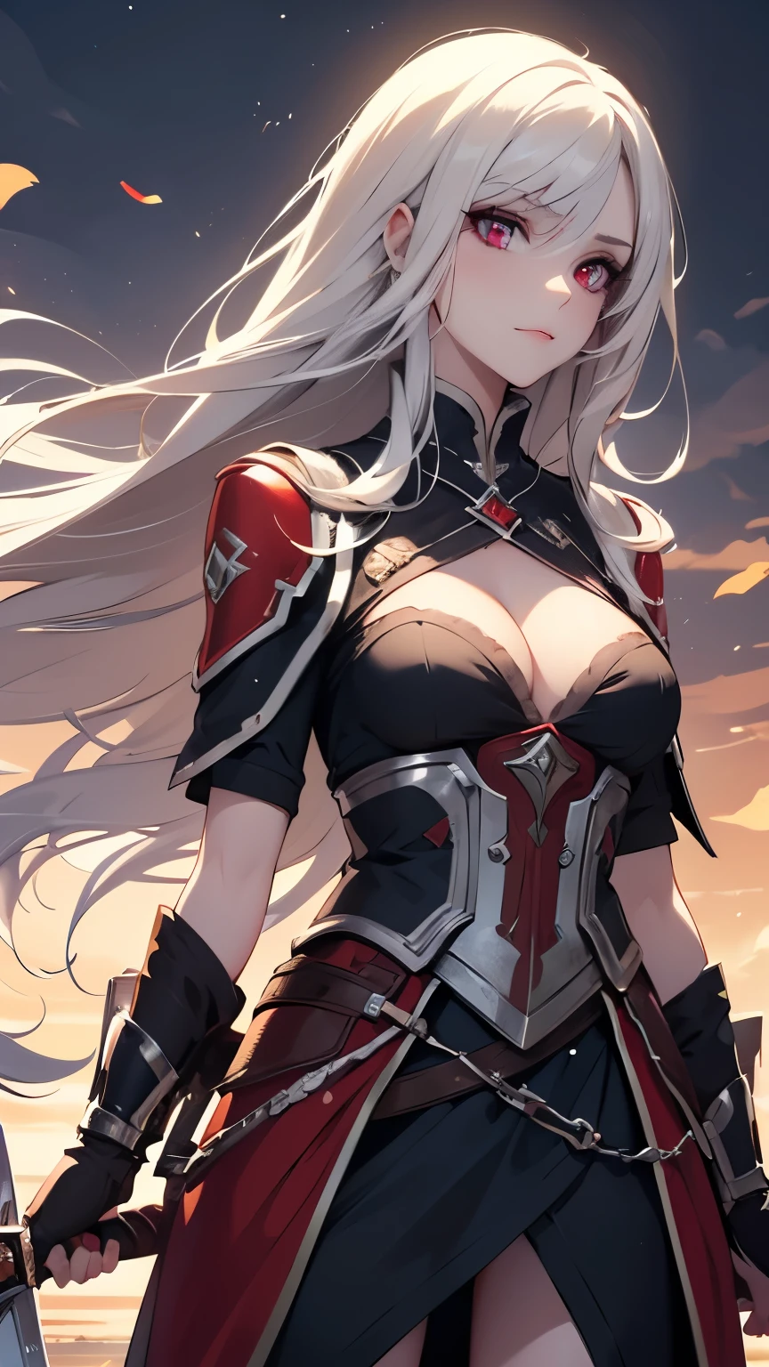 ((best quality)), ((masterpiece)), (detailed), perfect face, Albino warrior, ((long white hair, white skin, red eyes)), black magic sword, (Great sword engraved with red runes), crazy eyes, haggard cheeks, fantasy novel, 25 years old lady, (Elric of Melniboné), the Eternal Champion