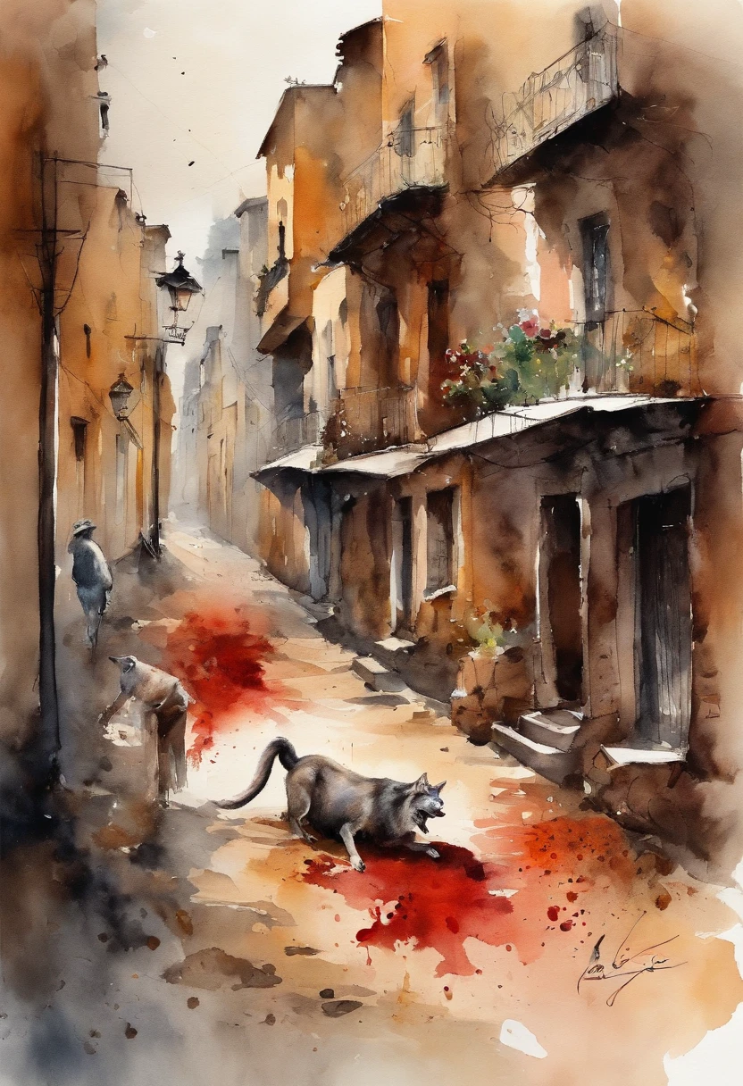 muitos lobos com garras afiadas, terrorizing the nearby town, people lying on the ground, sangue derramado pela rua