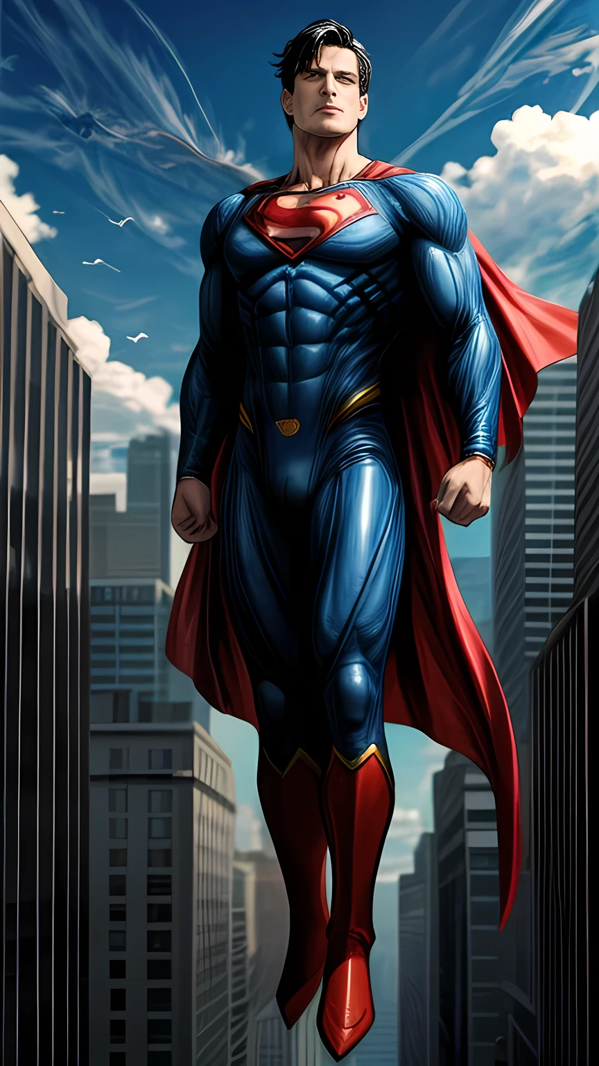 floating superman above buildings, full body shot, detailed foot, detailed head