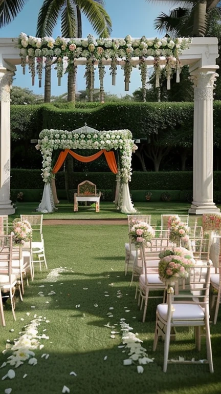 a lawn with a bunch of chairs and a gaze, flower decorations, premium wedding scheme, luxurious wedding, lavishly decorated, glamorous setting, green and orange theme, wedding, decorated with flowers, delightful surroundings, decoration, well decorated, fully decorated, beautiful setting, 100 people indian wedding ceremony, the grand temple of flowers, adorned pillars, vivid and detailed