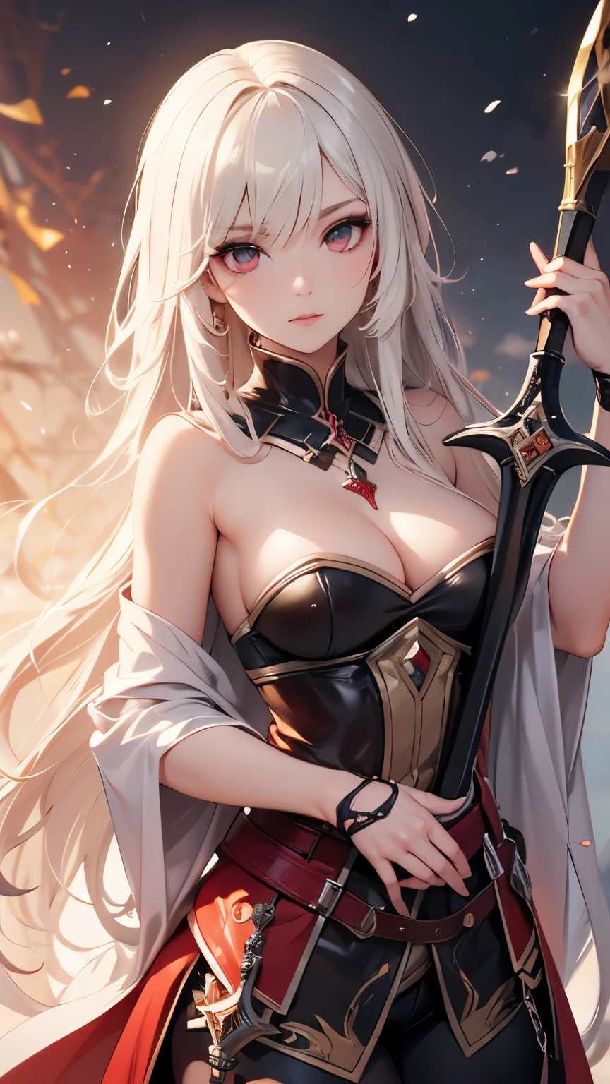 ((best quality)), ((masterpiece)), (detailed), perfect face, Albino warrior, ((long white hair, white skin, red eyes)), black magic sword, (Great sword engraved with red runes), crazy eyes, haggard cheeks, fantasy novel, 25 years old lady, (Elric of Melniboné), the Eternal Champion
