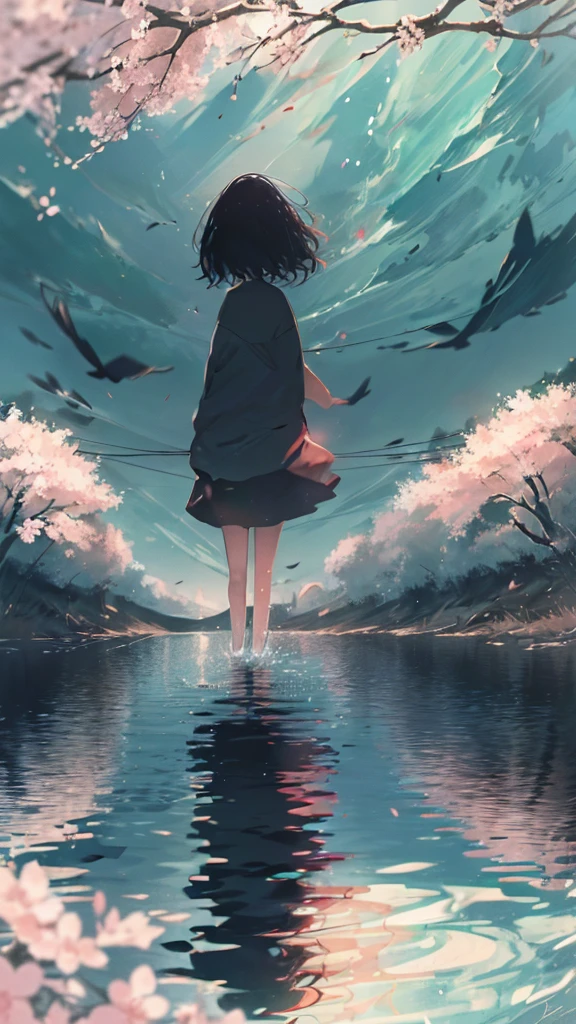 Product illustration for  boy in the Wind,cherry blossoms,In water,water,black hair,short bob,white skin,Pale complexion,Light skin tone,face forward,Are standing,Walking along the cherry blossom trees