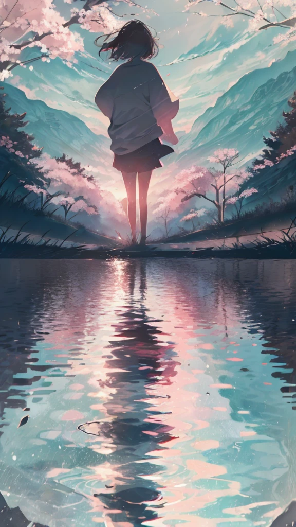 Product illustration for boy in the Wind,cherry blossoms,In water,water,black hair,short bob,white skin,Pale complexion,Light skin tone,face forward,Are standing,Walking along the cherry blossom trees