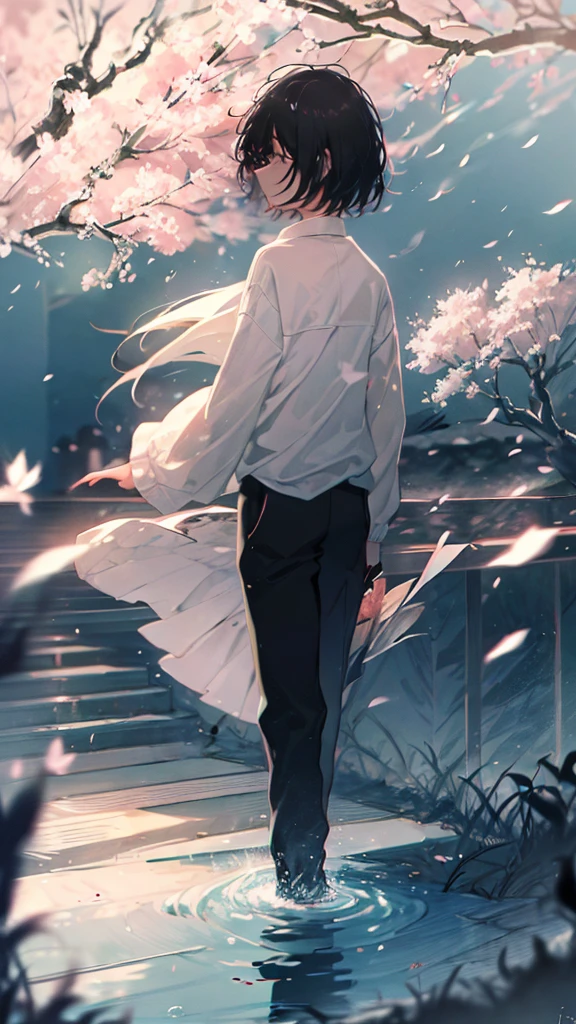 Product illustration for boy in the Wind,cherry blossoms,In water,water,black hair,short bob,white skin,Pale complexion,Light skin tone,face forward,Are standing,Walking along the cherry blossom trees