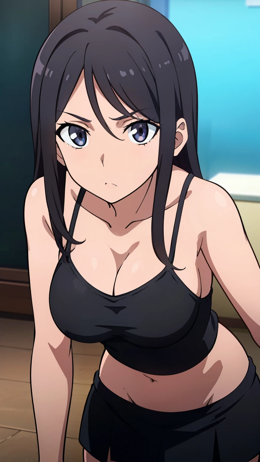 highest quality, 8K resolution, anime screen capture, anime color, anime key visual, one girl, cute, long black hair, 18 years old, big breasts, (Black camisole, black miniskirt, cap), perfect anatomy, beautifully intricate face, intricately detailed eyes, beautiful fine hair, beautifully intricate body, beautiful contour, vivid colors, vibrant lighting