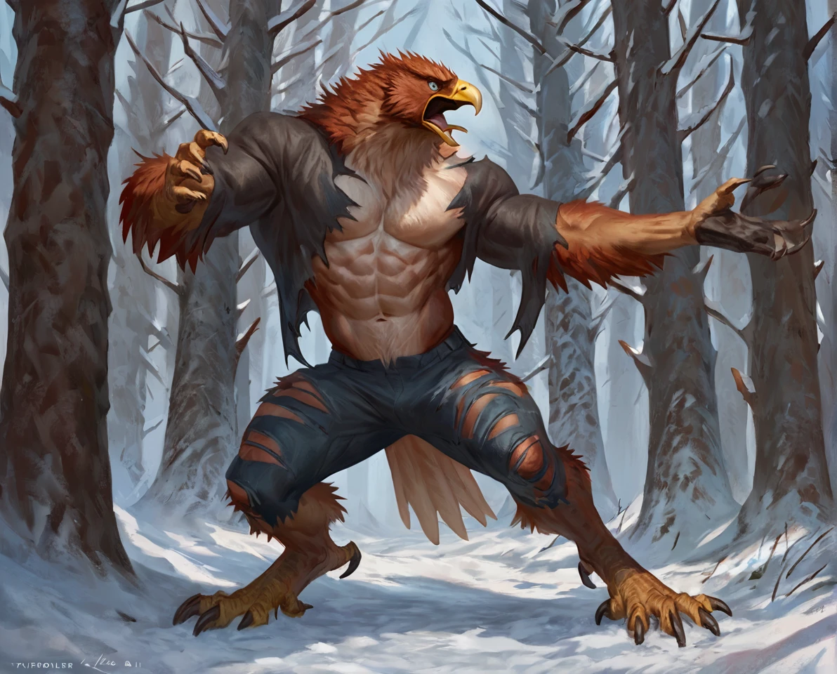 score_9, score_8_up, score_7_up, score_6_up, score_5_up, score_4_up, (solo), male anthro owl avian mid transformation, solo, masterpiece, best art, black boxers, detailed hands, forest, shocked expression, night, moon, looking at hands, muscular, body hair, snout, detailed scales, human