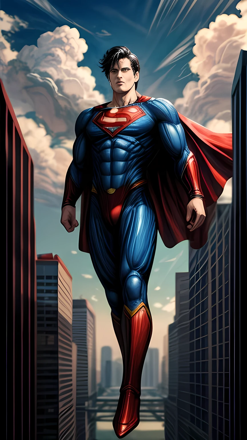 floating superman above buildings, full body shot, detailed foot, detailed head