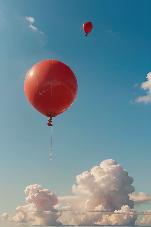(best quality,highres),(realistic:1.37),red balloon floating in the sky,thin string dangling,fluffy white clouds,carefully hand-painted texture,vivid colors,soft lighting,romantic atmosphere,childhood memories,mystery and ,whimsical and dreamy style,contrast against clear blue sky,vibrant red hue,gentle breeze,serene and uplifting