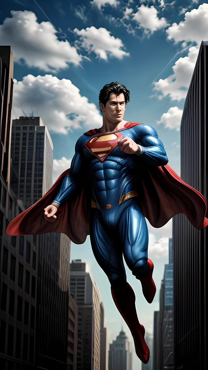 floating superman above buildings, full body shot, detailed foot, detailed head