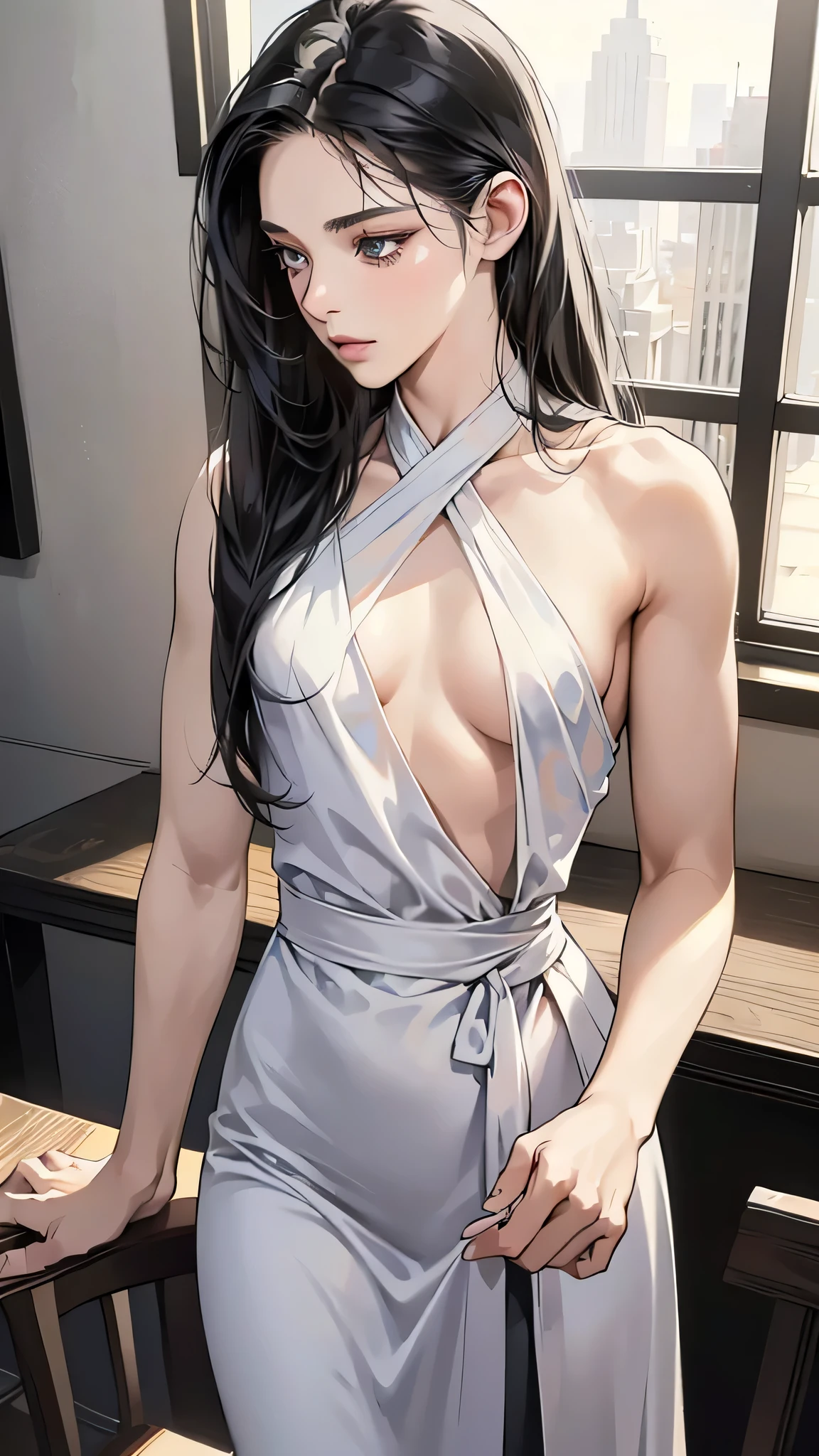 (table top, digital art, digital illustration, 4k, 8k, Super detailed, beautiful images, clear image, realistic, RAW photo, perfect face, perfect lines, perfect eyes, soft lighting) ,1 female, (long black hair,straight hair,bullish look,Beautiful woman,grace,Make up well,19 year old woman,small breasts:1.3),Two handsome men in suits, (human,muscular,solid shoulder width, human,boyish hairstyle,English gentleman'Style,A man in his 30s with a cool expression,28-year-old man with bright smile:1.2),Smile showing your white teeth(embarrassing,shy smile:1.1),light-filled bedroom、on the bed、negligee、couple、couple kissing、romance porn、lie down、lure