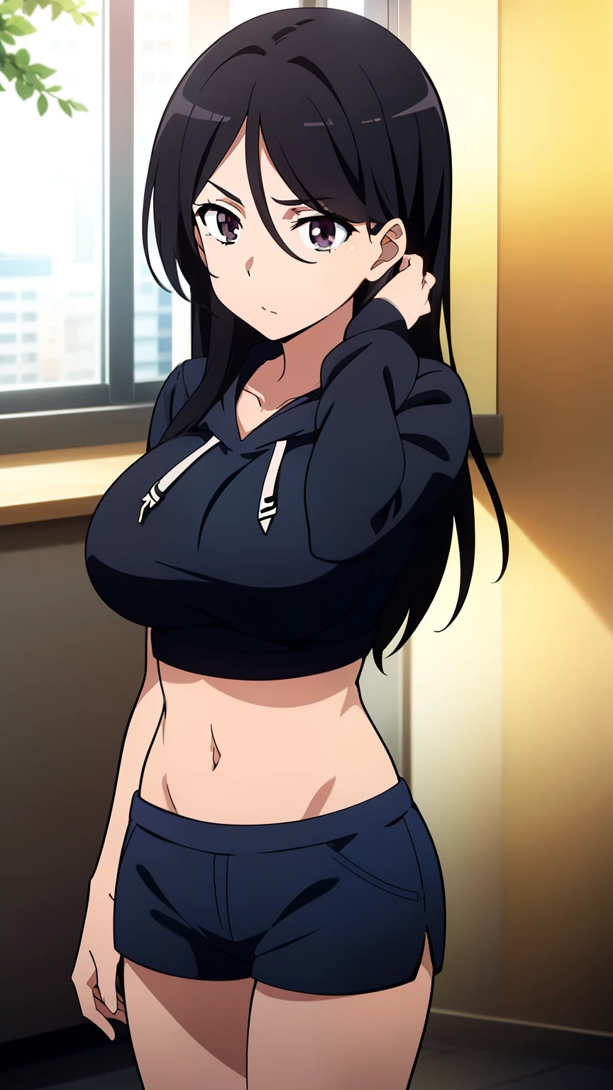 highest quality, 8K resolution, anime screen capture, anime color, anime key visual, one girl, cute, long black hair, 18 years old, big breasts, (open hoodie, navel, shorts), perfect anatomy, beautifully intricate face, intricately detailed eyes, beautiful fine hair, beautifully intricate body, beautiful contour, vivid colors, vibrant lighting