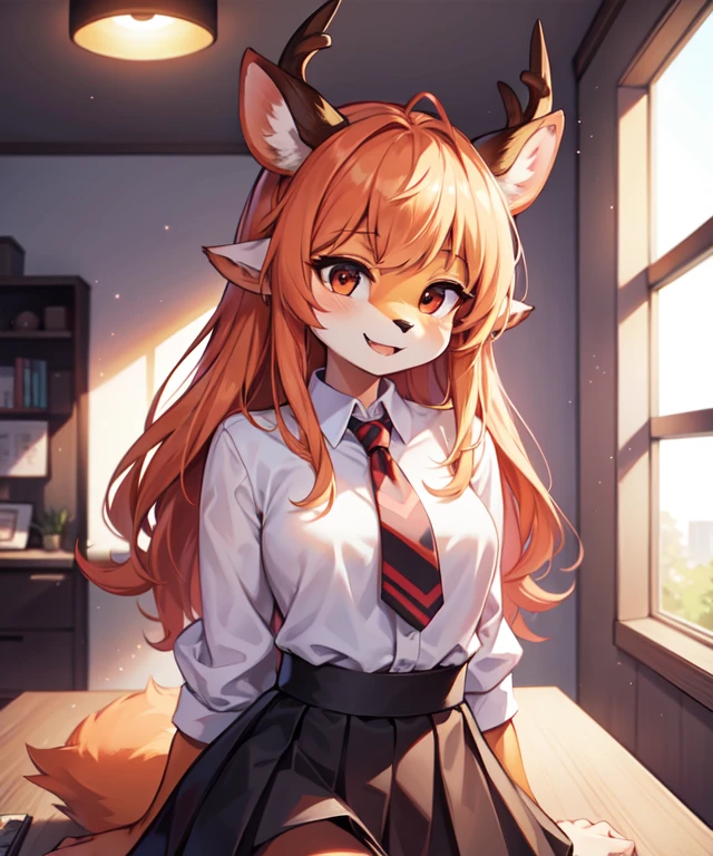 1girl, (anthro furry:1.2), TsunodaCzar, (two-toned fur, orange fur, black eyes, deer ears, horns, snout), (pink blouse, black skirt, smiling), (interior, office), (masterpiece:1.2), hires, ultra-high resolution, 8K, high quality, (sharp focus:1.2), clean, crisp, cinematic,