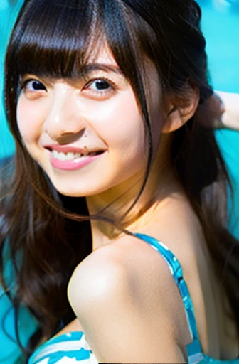 Japanese、Beauty、(masterpiece), (highest quality), (Super Detail), (Disheveled Hair), (whole body), (1 female), (full body), (Idol), Beautiful fine details, 繊細でBeautiful Face,, (High saturation), (Swimwear), Black Hair, bangs, A big smile, Girl in Love, highest quality, Very detailed, smile, Smart, Beautiful Face, 4K,Bed、Lying on your back、