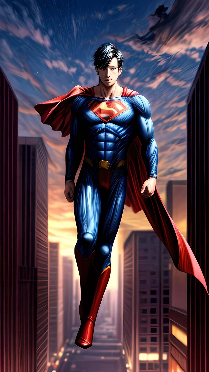 floating superman above buildings, full body shot, detailed foot, detailed head