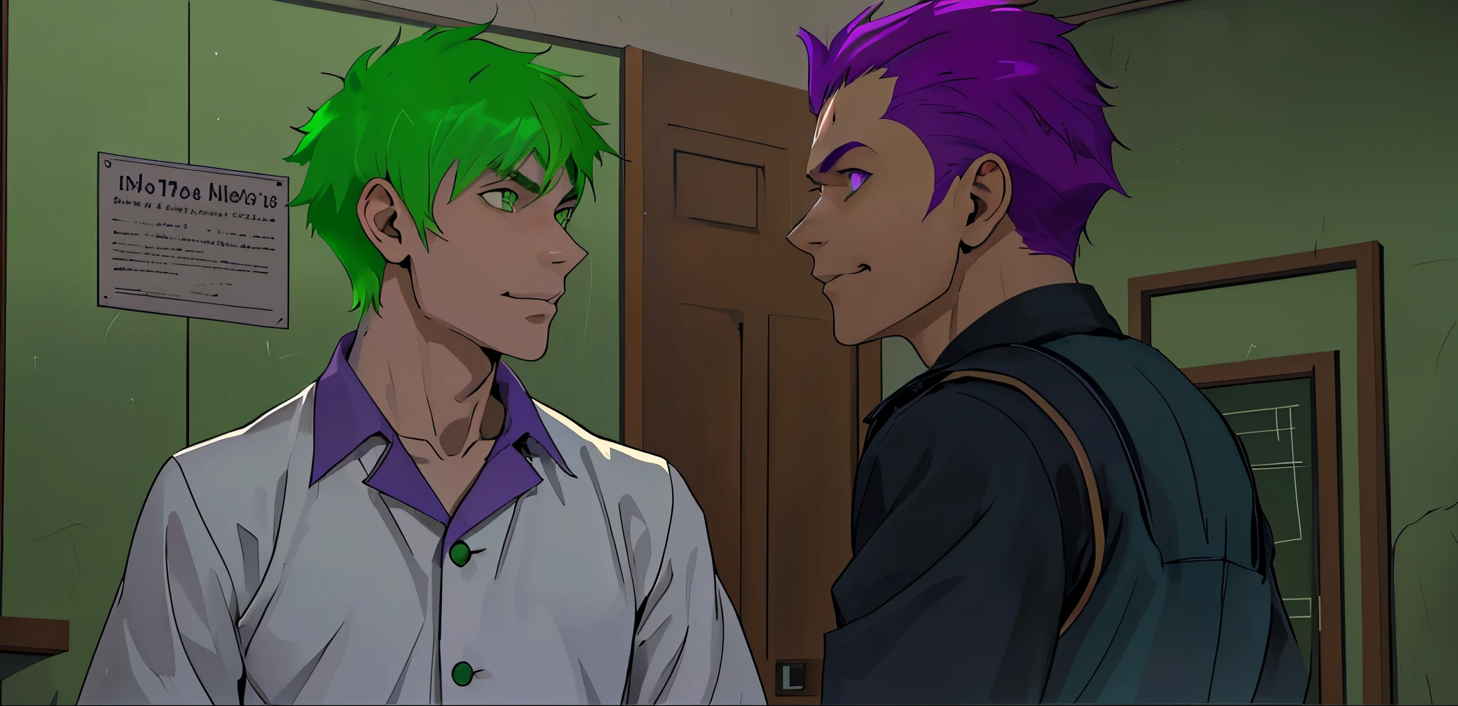 There is a -yeld boith green hair, green eyes, and a man with short purple evil hair who threatens him. He intimidates him. He looks evil and smiles evilly.