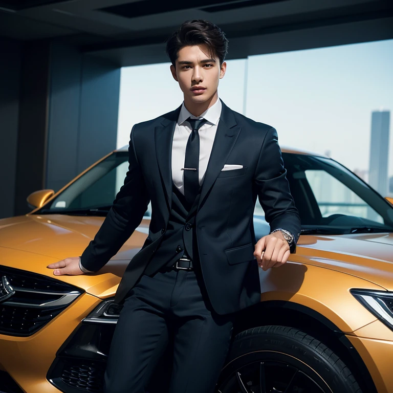 masterpiece,highest quality,Attention to detail,1 male,good looking,Sturdy yet sophisticated look,Fair skin with the charm of the boy next door,Exact details,blazer,Slim fit trousers,tie,Finely drawn backgrounds,Depth of written boundary,Visual Effects,Cinematic shots,car